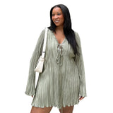 Purpdrank   Dresses for Women Summer Long Sleeve V-neck Pleated Mini Dress
