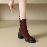 Purpdrank - 2023 Autumn Winter New Women Ankle Boots Thick High Heels Cow Suede Genuine Leather Shoes Woman Side Office Lady Retro Boots
