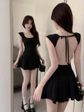 Purpdrank Fashion Sexy Backless Lace Up Black Dresses Y2k E-Girl Slim Waist Dress for Women 2025 Summer New A-line Vestidos Mujer