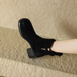 Purpdrank - 2023 Autumn Winter New Women Ankle Boots Thick High Heels Cow Suede Genuine Leather Shoes Woman Side Office Lady Retro Boots