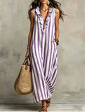 Purpdrank  Boho Striped Print Loose Maxi Dress Women Summer Fashion Sleeveless V-neck Long Dresses Elegant
