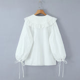 Purpdrank  New Spring White Cotton Long Lantern Sleeve Shirt Women Embroidery Lace Peter Pan Collar Front Open Buttons Loose Tops Blouses