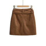 Purpdrank  New Autumn Sexy With Buckle Belt High Waist Suede Pencil Skirt for Women Above Knee Length Package Hips Front Slit Skirts Khaki