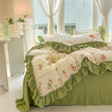 Purpdrank  Fashion Flower Bedding Set Bed Sheet Cute Princess AB Double Sided Ruffle Flower Quilt Cover Pillowcase Bedclothes Home Textiles