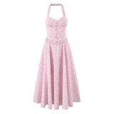 Purpdrank  Summer Sweet Pink Floral Print Dresses Women Sexy Sleeveless Hanging Neck Slim fit Long Dress 2025 Casual Beach Vacation Outfit