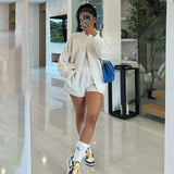 Purpdrank  2 Pieces Set Sexy Fashion Sweater Women Set Autumn Winter Female Grey Long Sleeve Tops And Elastic Waist Shorts Suit