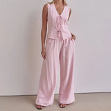 Purpdrank  Trousers Suit Office Lady Outfits Elegant Women Loose Two Piece Set Sleeveless Lace Up Vest Top Elastic Waist Wide Leg Pants Set
