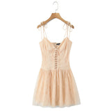 Purpdrank  Sexy Khaki Lace Cross Bandage Front V neck Lacing Up Bow Strap Sling Dress Women Back Zipper Sequin A-line Mini Dresses Vestidos