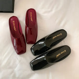 Purpdrank  Fashion Red Square Toe Flat Slippers Women High Quality Patent Leather Mules Luxury Brand Designer Sandals Sandalias De Mujer