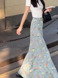 Purpdrank  Oversized American Retro Print Denim Skirt Women Spring/Summer New High Waist A-line Raw Edge Temperament Wrap Hip Long Skirts