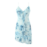 Purpdrank  Sexy Bow Ruffles V neck Tie-dye Print Mini Sling Dress Women Hollow Out Front Ruched Package Hips Irregular Robe Holiday