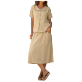 Purpdrank  Women Summer Skirts Two Piece Set Peter Pan Collar Short Sleeve Top And Midi Skirt With Pockets Cotton Linen Matching Sets