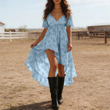 Purpdrank  Women's Retro Western Cowgirl Style Floral Summer Dress V Neck Puff Sleeve High Low Hem Ruffle Flowy Dress Elegant Party Dresses