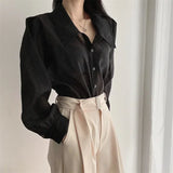 Purpdrank  Korean Chic Sheer Blouse Women Sexy Single Breasted Black Shirts Thin Bubble Sleeve Sunscreen Tops Female Summer Fashion