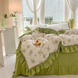 Purpdrank  Fashion Flower Bedding Set Bed Sheet Cute Princess AB Double Sided Ruffle Flower Quilt Cover Pillowcase Bedclothes Home Textiles