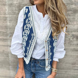 Purpdrank  Vintage Flower Embroidered Vest Coats Women's Sexy V-neck Loose Holiday Cardigan Elegant Sleeveless Single breasted Denim Jacket
