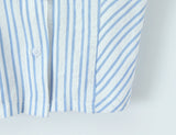 Purpdrank  Stylish Blue White Striped Lapel ollar Short Puff Sleeve Shirt Women Slim Waist Open Buttons Crop Blouse Girl's Tops