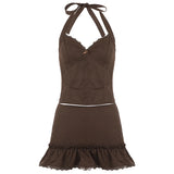 Purpdrank  Sexy Slim Lace Trim Dress Sets Sweet Solid 2 Piece Sets Halter Tops Mid-Waisted Mini Skirts Women Summer Fashion Ladies
