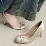 Purpdrank  Luxury Brand High Heels Women Satin Bow Round Toe Mary Jane Shoe Fashion Shallow Designer Pumps Elegant Dress Shoe Zapatos Mujer