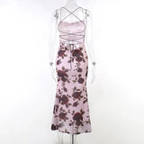 Purpdrank  Sexy Women Backless Rose Print Long Dress Slim Fit Strap Spicy Girl Dresses Sleeveless Bodycon Party Dress Vacation Dress
