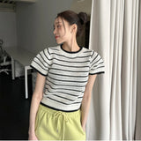 Purpdrank  Vintage Striped Women's Knitted T-shirts 2025 New Summer Casual Loose O-neck Hollow Out Knitwear Short Shirts Top Female