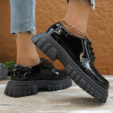 Purpdrank  Black Patent Leather Platform Loafers Women 2025 Autumn Thick Bottom Pu Leather Shoes Woman Plus Size Lace Up Student Shoes 42
