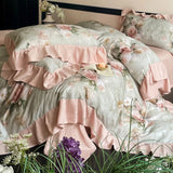 Purpdrank  Vintage French Rose Flowers Prints Ruffles Bedding Set 100% Cotton Brushed Fabric Duvet Cover Set Bed Sheet Pillowcases 4Pcs