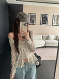 Purpdrank  Y2k Casual Summer Flower Print Slim Square Collar Vest Long Sleeve Top Two Piece Set Women