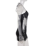 Purpdrank  Sexy Slim Lace Halter Dress See Through Patchwork Pu Leather V-Neck Sleeveless Mini Dresses For Women Summer Party Clubwear Lady
