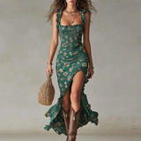 Purpdrank  Bohemian Vacation Beach Maxi Dress Woman New Spring Floral Print Strapless Party Dress Summer Ruffle High Split Sling Long Dress