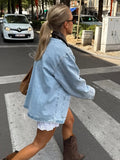 Purpdrank  Autumn Denim Patchwork Jacket Women PU Leather Turn Down Collar Long Sleeve Pockets Coats Female High Street Chic Outerwear