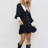 Purpdrank  Romantic Sweet College Style Fashion Color Matching Lapel Retro Button Polka Dot A Word Dress Women's Clothing Niche Temperament