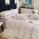 Purpdrank  Cotton Princess Bedding Sets Queen Butterflies Embroidered Chiffon Lace Elegant Soft Flat Sheet With Pillowcases 4PCS