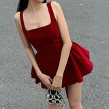 Purpdrank  Cute Mini Gowns For Party Dating Outfits Red Square Collar Strap Backless High Waist Bowknot Patchwork Pleated Dresses