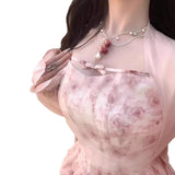 Purpdrank  Summer New Style Korean Version Slimming Pink Rose Print Hanging Neck Dress Short Princess Skirt No Sleeve High Waist