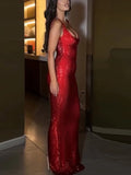 Purpdrank  Sequin Strap Slip Dress Red Sparkling Backless Halter Slim Fit French Luxury Socialite Evening Robes Slimming Women Long Dresses