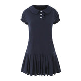 Purpdrank  Cute Youthful Doll Collar Pleated Short Skirt Women's Fashion Mini Dress Bubble Sleeve Waist Cinched College Style Chic
