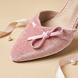 Purpdrank  Big Size 46 Women Pink Velvet Mary Jane Pumps Bow Knot Ankle Strap Kitten Heel Shoes Elegant Pointed Toe Office Dress Shoes