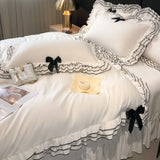 Purpdrank  Korean Style Lace Ruffles Princess Bedding Set, Duvet Cover, Bed Skirt, Fitted Sheet, Flat Sheet, Pillowcases, Black Bow, White