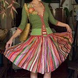 Purpdrank  Vintage Colored Striped Skirt For Women Summer Casual Vacation A-Line Skirt Boho Sweet High Waisted Knee Length Skirts 284A