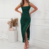 Purpdrank  Women Dresses Sexy Backless Sequin Suspender Long Dress Slim Slit Square Neck Party Dress Cocktail Split Vestidos Robes Longues