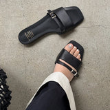 Purpdrank   Summer Brand Metal Belt Buckle Design Low Heel Sandals Women Fashion Street Style Square Toe Mules Slippers Zapatos De Mujer