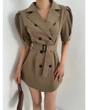 Purpdrank  Summer Vintage Double Breasted Women's Short Blazer Dresses Sashes 2025 New Short Sleeve Casual Loose Mini Dress Female