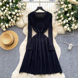 Purpdrank  Autumn Winter Hollow Out Knitted Women's Umbrella Long Dresses 2025 New Long Sleeve O-neck Loose A-line Dress Female