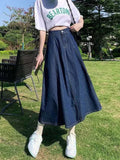 Purpdrank  Korean Women Denim Skirts Elastic High Waist A Line Jeans Long Skirts Blue Plus Size Cotton Female Skirts New 5Xl