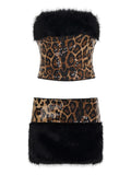 Purpdrank  Sequins Leopard 2 Piece Set for Women Fashion Furry Strapless Sleeveless Crop Tube Top and Mini Pencil Skirt Matching Suit