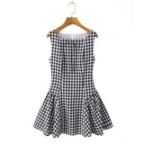 Purpdrank  Sexy Red Gingham Plaid Mini Sleeveless Dress Women Bow O Neck Zipper Back Low Waist Ruched Hem Swing Tank Dresses Vestidos Black