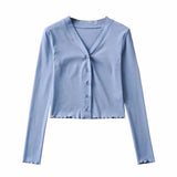 Purpdrank  70's Vintage V neck Wood ears Rib Long Sleeve Tee Base T-shirts Cool Girl Single-breasted Button Short Tee crop top