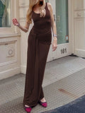 Purpdrank  Elegant U-Neck Sleeveless Bodycon Long Dress Women's Solid Color Ribbon Tie-up Ruched Slim Maxi Dress for Date Night Party