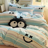 Purpdrank  Striped Cute Embroidered Bedding SetBed Flat Sheet Pillowcase Duvet Cover Set 200x230cm King Four Piece Set Soft Home Textiles